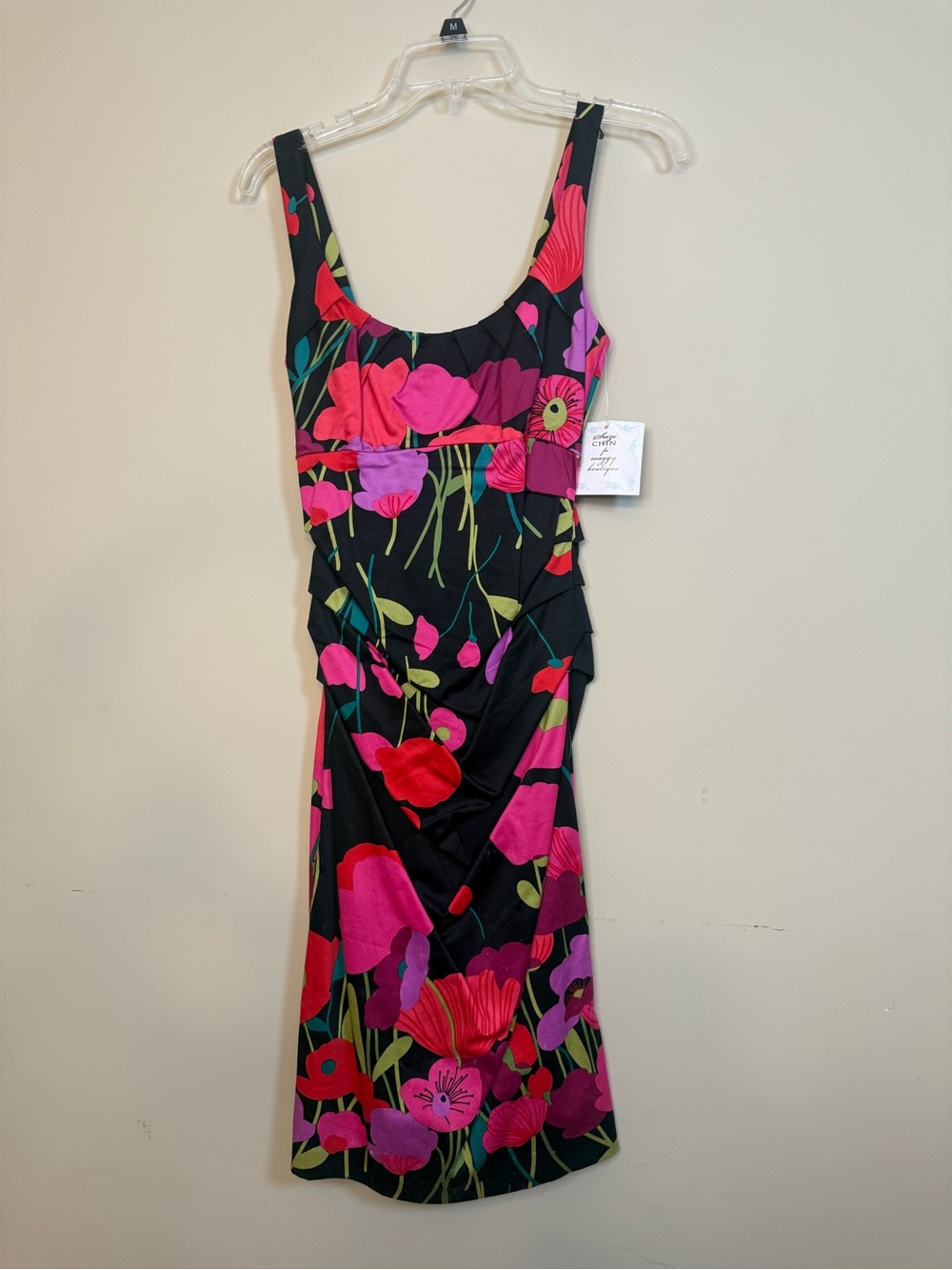 Suzi Chin Black Dress with Bright Pink & Red Floral Print